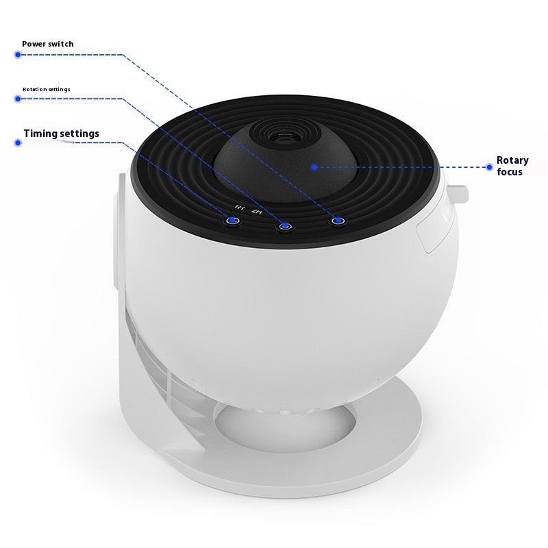 Galaxy Star Projector controls: power switch, rotation, timer, rotary focus