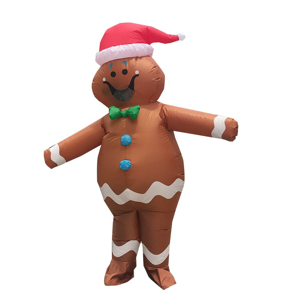 Inflatable gingerbread man costume worn with arms out