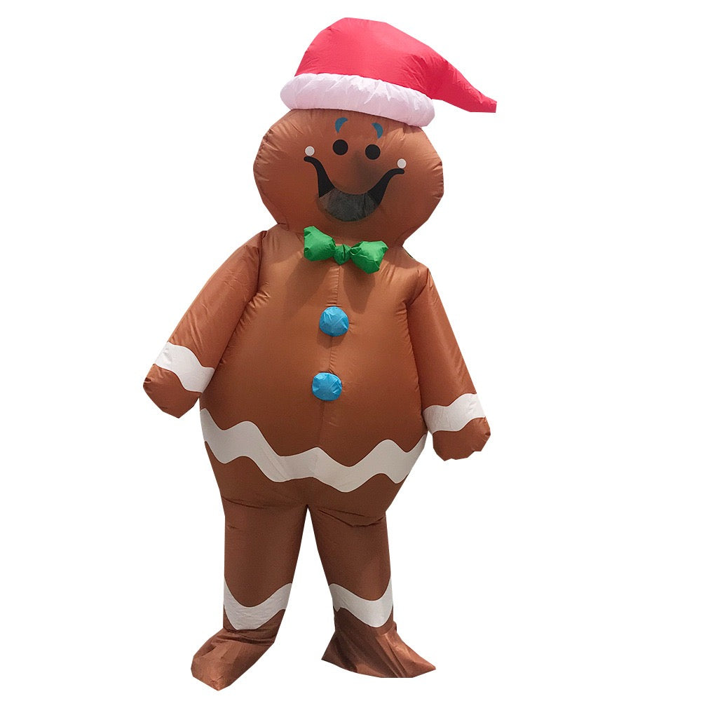 Inflatable gingerbread man costume with Santa hat, front view
