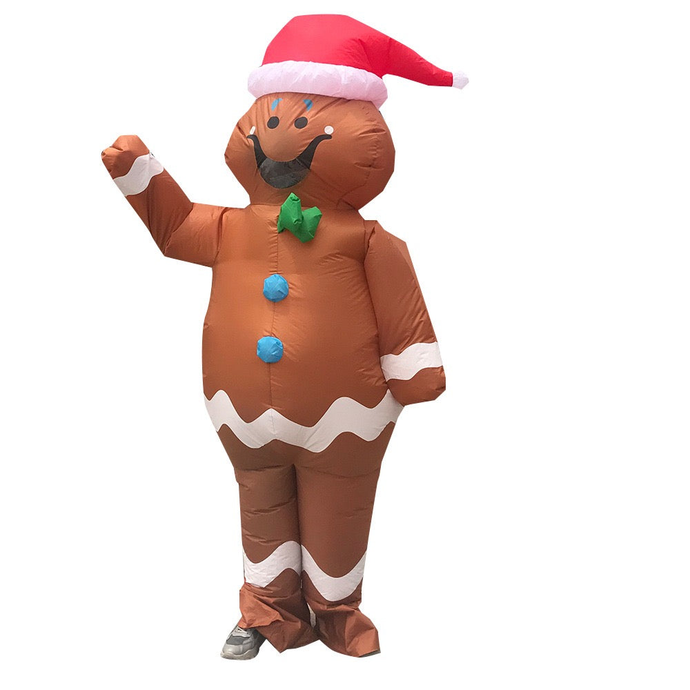Inflatable gingerbread man costume worn, waving
