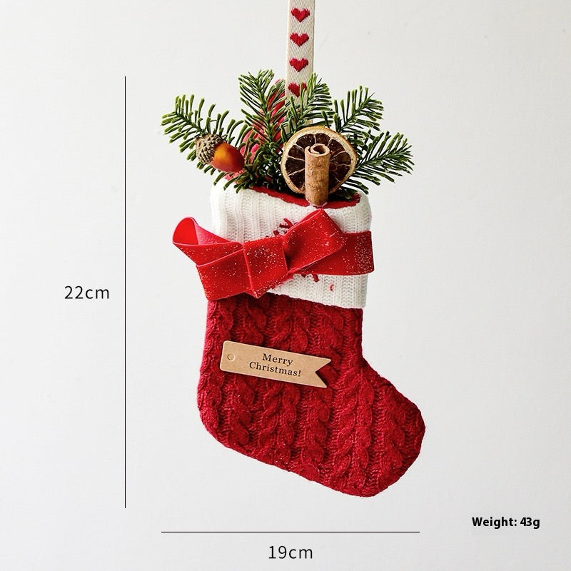 Knitted Christmas stocking, Red Bow design, 22 x 19 cm