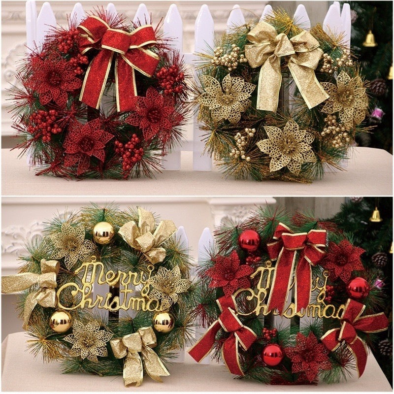 Four Christmas wreaths in red and gold